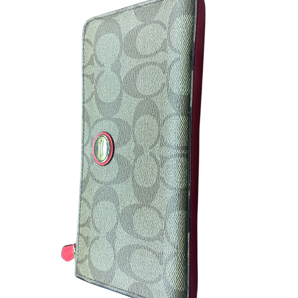 Coach Beige and Red Signature zip around Wallet